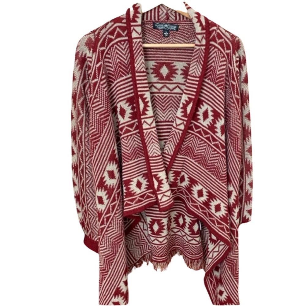 Almost Famous Burgundy Aztec Print Fringed Cardigan Sweater